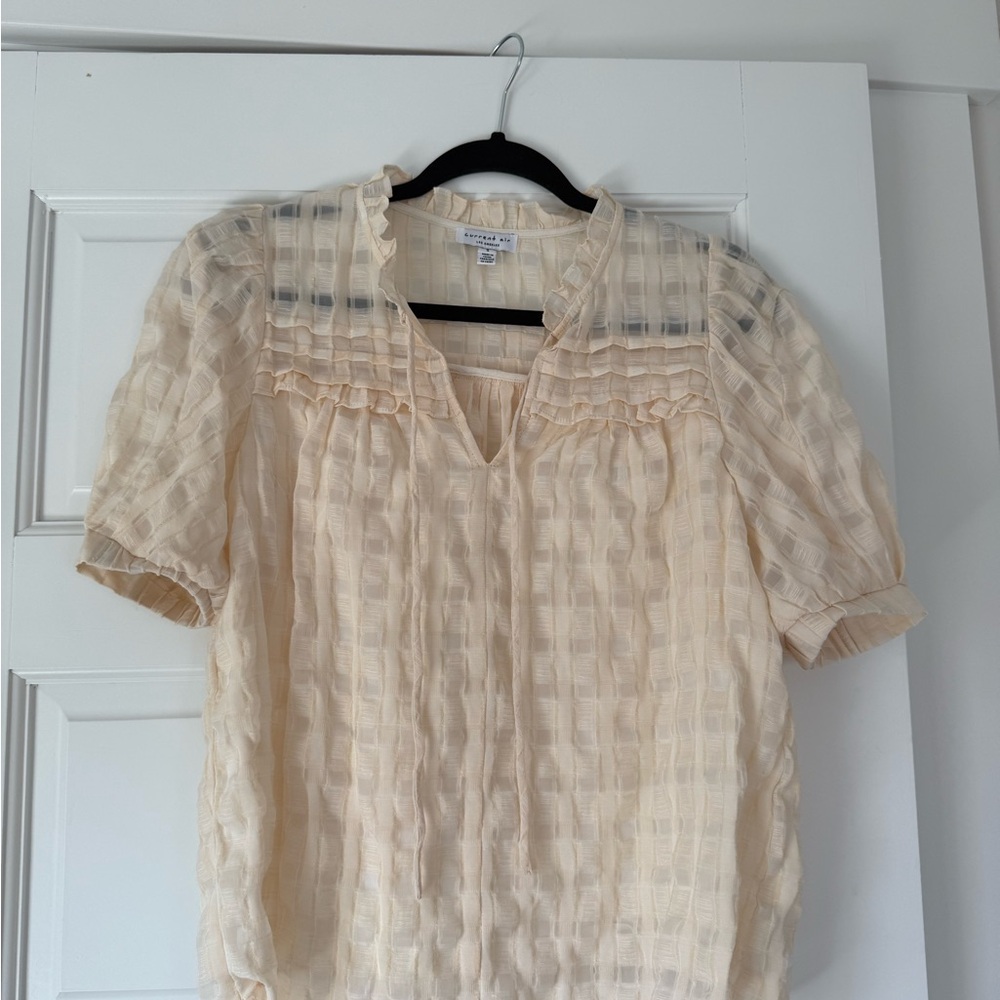 Current Air Cream Pleated Ruffled Blouse with Mandarin Collar